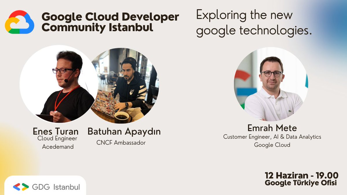 Merhaba! 👋 GDG İstanbul, Cloud Native Türkiye ve Google Cloud satış ekipleri olarak fiziksel olarak düzenlediğimiz Google Türkiye ofisinde gerçeleşecek Google Cloud Developer etkinliğine davetlisiniz! 🥳 Etkinlik detaylarına ulaşmak için ↙️ kommunity.com/cloud-native-t…