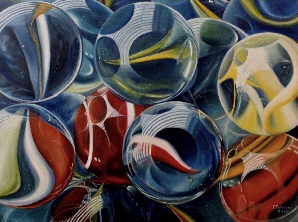 ‘Marbles’ Oil on canvas, 80x60 cm  #oilpainting #oiloncanvas #oiloncanvaspainting #oleo #oleosobrelienzo #marbles #reflections  #canica #canicas #reflejos #stillife #petrapalmeriart #Guernsey