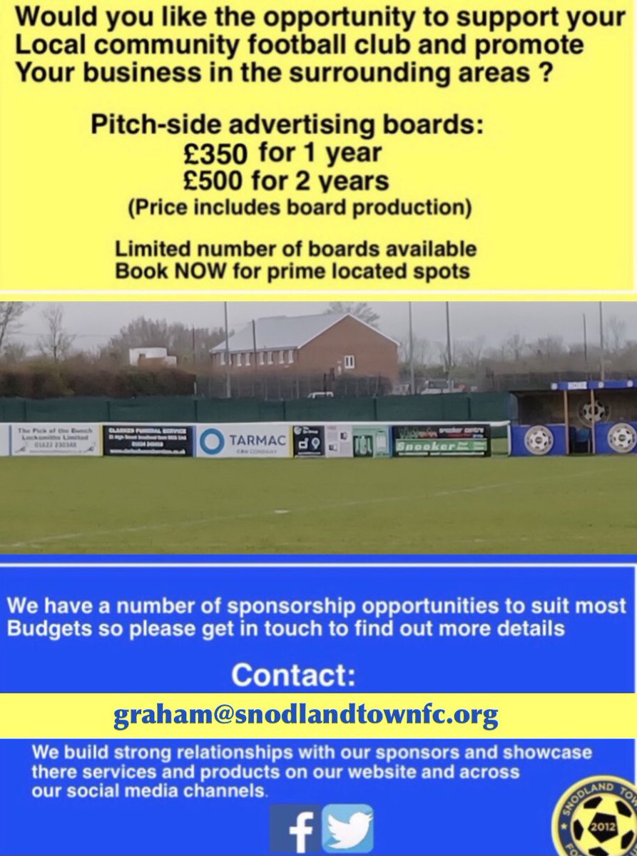 snodlandtownfc's tweet image. 🟡SPONSOR: THE TOWN 🔵

Great opportunity to advertise with YOUR LOCAL COMMUNITY FOOTBALL CLUB.

How would you like to see your business’s name around the pitch at Potyns ?

We have 1 or 2 year packages at very competitive prices, SEE BELOW. #Developingthefuture 

#Upthetown 🔵🟡