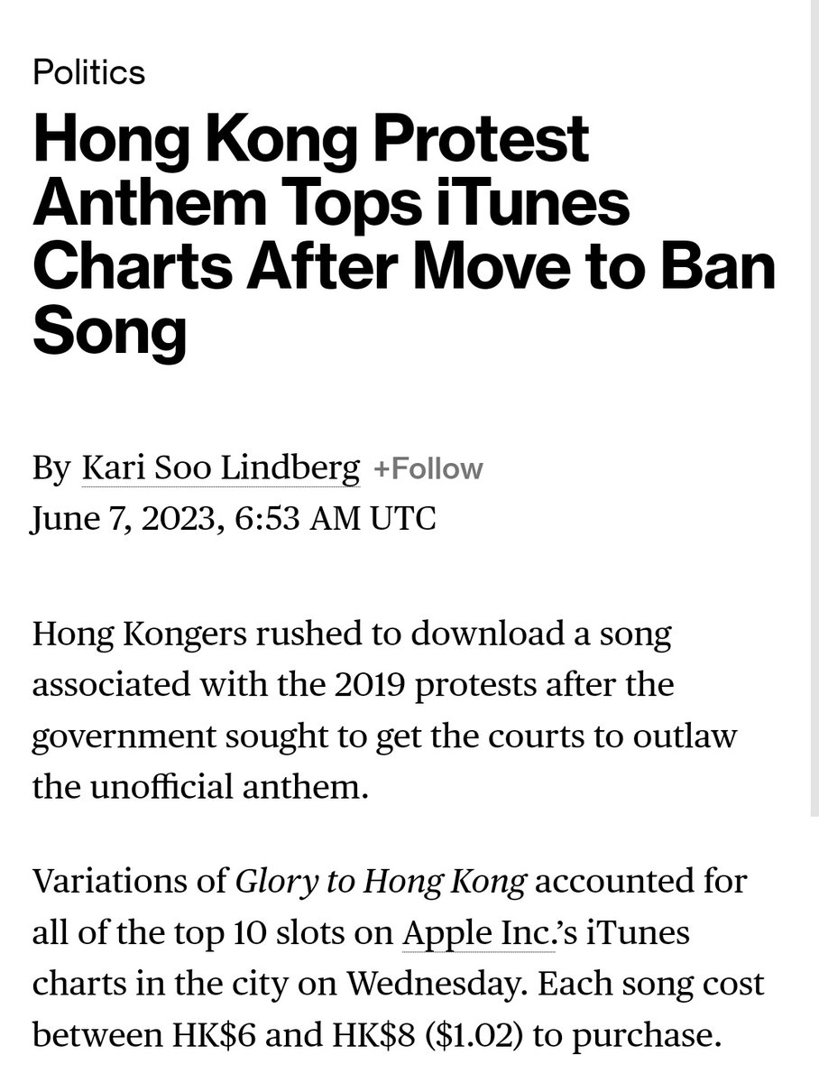 "Glory to Hong Kong" is an anthem that the HK govt seeks to outlaw.

The anthem is being downloaded as a form of resistance, which is driving it up the charts and into the top 10 of Apple Inc.'s iTunes rankings.

Never underestimate the power of the Hong Kong people.
