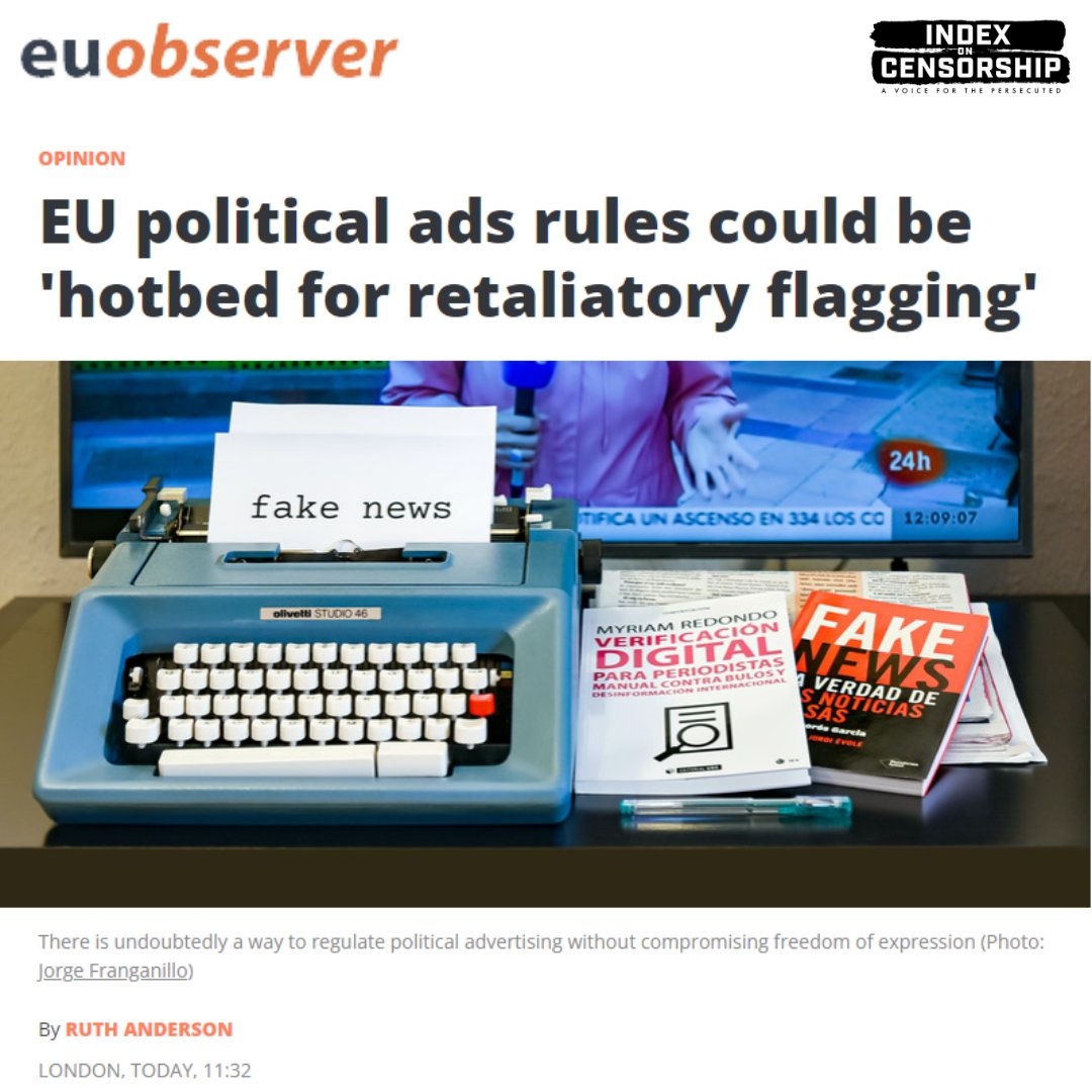 IndexCensorship's tweet photo. "By covering anything that could be deemed a political advertisement, it encroaches on the private lives of citizens and compromises a free and independent press."

@RuthAnderson writes in the @euobs about the forthcoming EU #PoliticalAds legislation.

https://t.co/iO2pXEvzzY https://t.co/DJew0FXMmm