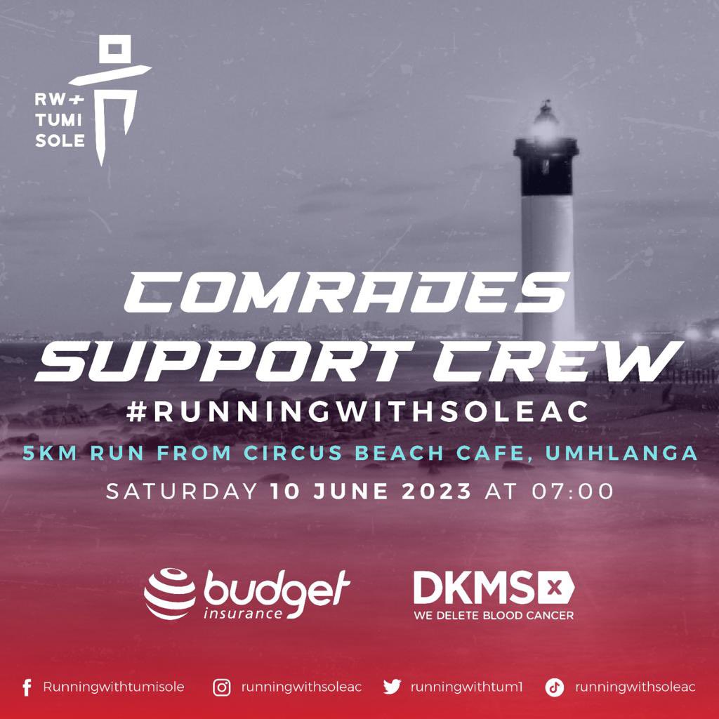 Lace up your running shoes and join us for the #ComradesMarathon Shake Out Run🏃with @RunningWithTum1 and @budgetins 

📅 Saturday, 10 June 2023
⏲️ 07h00
📍 Circus Circus Beach Café, Durban North

Everyone is welcome!

#UnitedByHope #RunningwithSoleAC #Comrades2023 #DKMS