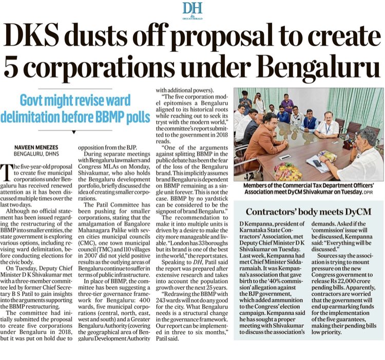 naveenmzs's tweet photo. The five-year-old proposal to create five municipal corporations under Bengaluru came up for discussion in three different meetings held by DyCM @DKShivakumar over the last two days. https://t.co/B45mjtAlKW