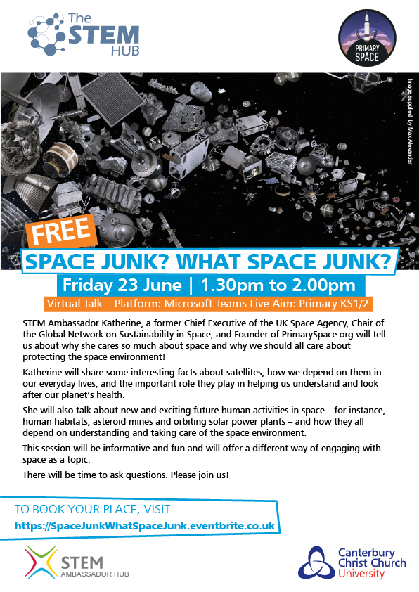 Join #STEMAmbassador @kcourtneybis for Live Talk about #Sustainability in #Space. She'll explain why we should all care about protecting the space environment. DATE: 23 June, 1.30-2pm REG: tinyurl.com/dbws4287
#STEMed #Primary #Teachers #HomeLearning #SummerOfSpace #edutwitter