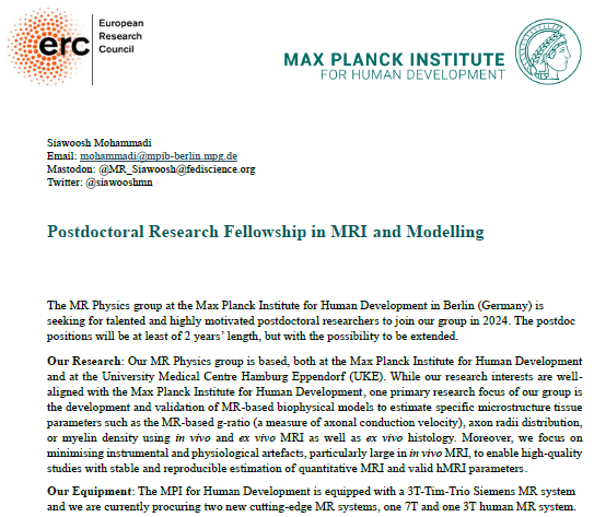 siawooshmn's tweet photo. 2/
But first this announcement: we will be looking for postdocs and PhD students (starting from 2024) for my @ERC_Research project and new members of our MR physics group @mpib_berlin
If you are interested, DM me or talk to our group at #ISMRM23
@mpdcc_berlin @lip_mpib https://t.co/ju96o512HP
