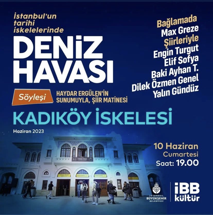 Yalın Gündüz (@yalinedebiyat) on Twitter photo Bu Cumartesi akşamı İstanbul’daki tüm dostları #HaydarErgülen’in sunumunu yapacağı şiir matinemize bekliyoruz ✨
Kadıköy’de <a href="/ibb_kultur/">İBB Kültür</a>’ün düzenlediği dinletimize katılım ücretsizdir. Bu Cumartesi akşamı İstanbul’daki tüm dostları #HaydarErgülen’in sunumunu yapacağı şiir matinemize bekliyoruz ✨
Kadıköy’de <a href="/ibb_kultur/">İBB Kültür</a>’ün düzenlediği dinletimize katılım ücretsizdir.