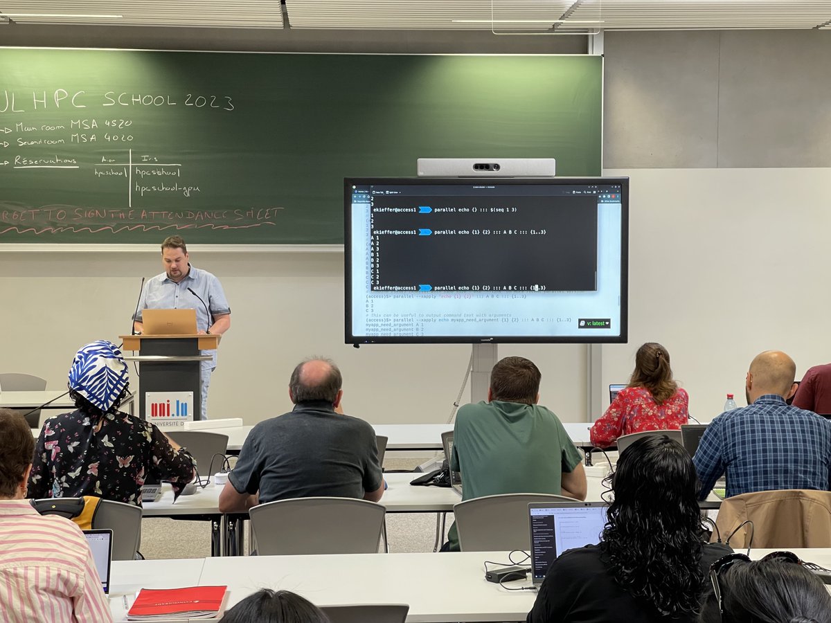 ULHPC's tweet photo. Day 2 of the #HPCSchool 2023 @uni_lu began this morning with E. Kieffer giving the practical session "Many Tasks - Many Nodes Allocations using Slurm and GNU Parallel". https://t.co/CjDnOlTCQt