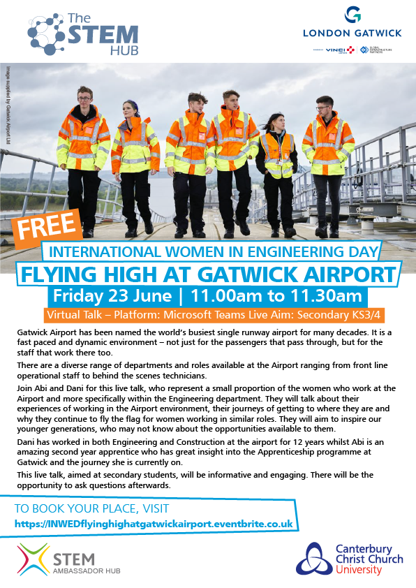 stem4sussex's tweet photo. To celebrate #INWED23 join @Gatwick_Airport Dani &amp; Abi, to learn about #engineering #careers for women within the #aviation industry. DATE: 23 June, 11-11.30am, REGISTER: https://t.co/ifVI2WsjW6 @INWED1919 #STEMed #WomenInEngineering #Teachers #Parents #HomeEducation #Discover https://t.co/IygsaqCefS