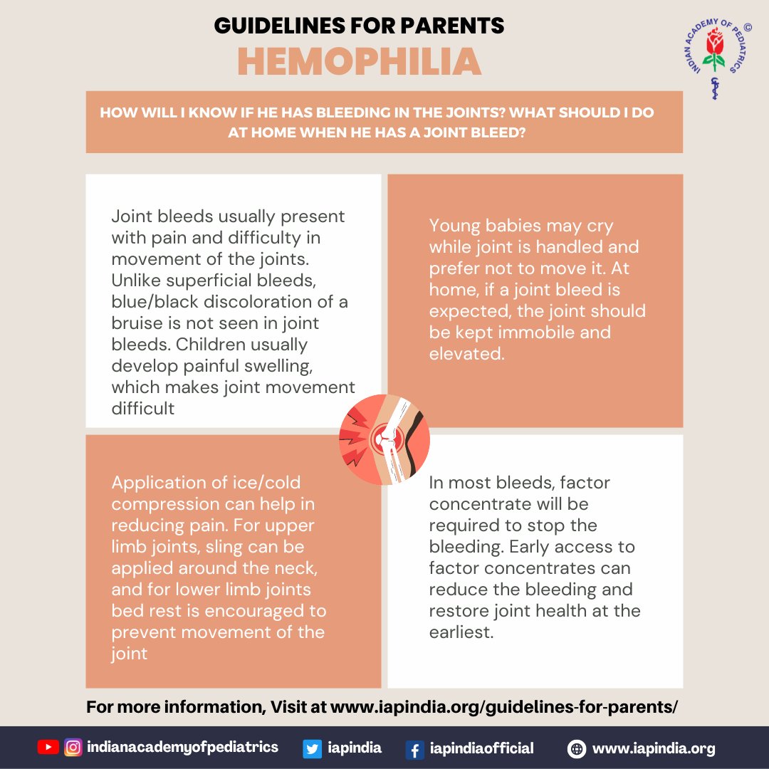 How will I know if he has #bleeding in the joints? What should I do at home when he has a joint bleed?

#hemophilia #HemophiliaAwareness #BloodDisorders #pediatrics #pediatrician #pediatricianlife #healthcare #healthandwellness #IndianAcademyofPediatrics