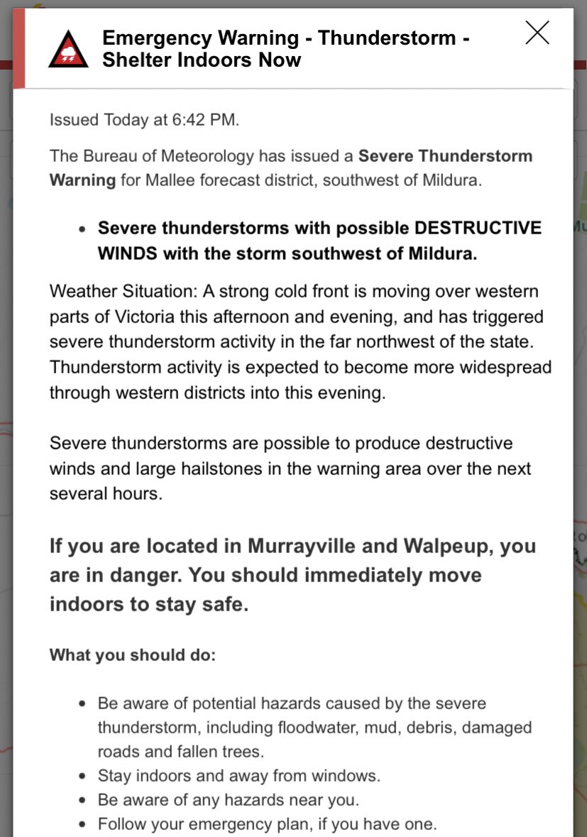 Johnted_113's tweet image. BIG #BREAKING NEWS:
🚨EMERGENCY WARNING ALERT 🚨 🤯
.
Southwest of Mildura has just been warned of extremely DANGEROUS SUPERCELL storms with DESTRUCTIVE WIND &amp;amp; even  possible TORNADOES.
.
@VicStormChasers #VicWeather #VicStorms #Victoria #vicfloods