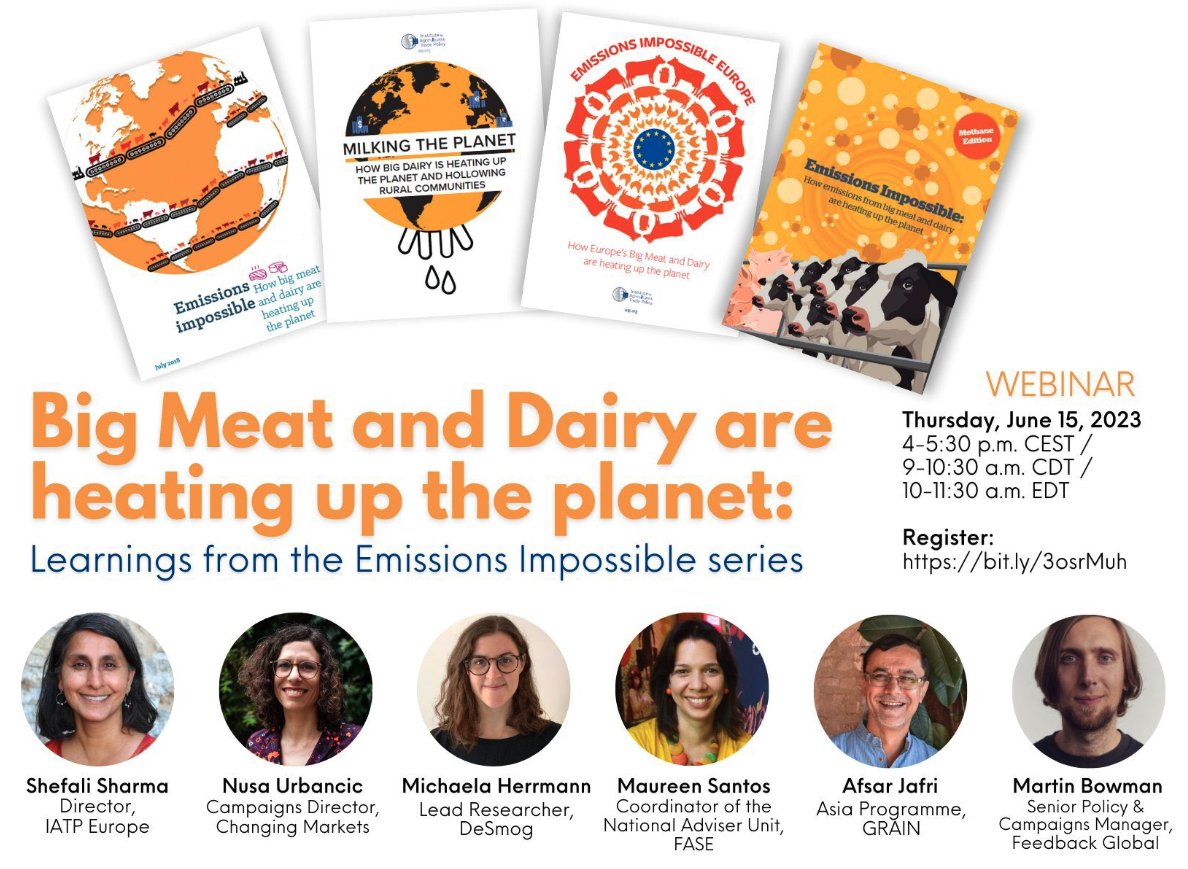 ChangingMarkets's tweet photo. 📺Webinar reminder!
The #EmissionsImpossible series has been instrumental in shedding light on Big Meat &amp; Dairy companies' contribution to the #ClimateCrisis 
Hear from @nusha_u &amp; colleagues next week about the main learnings and join the discussion https://t.co/JvLHyXIZrY
