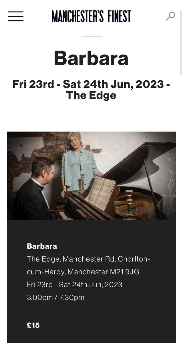The Edge (@theedgemcr) on Twitter photo 'Barbara' has been featured in <a href="/McrFinest/">Manchester’s Finest</a>!
Be sure to come along to The Edge Friday 23rd & Saturday 24th June to see for yourself the immersive, warm, and joyful theatre show brought to you by <a href="/markcroasdale/">Mark Croasdale</a>, @JenniferGaskell, <a href="/tommyguest/">Tom Guest</a> & <a href="/MildotBot/">Millie Bottomley</a>!
edgetheatre.co.uk/barbara/ 'Barbara' has been featured in <a href="/McrFinest/">Manchester’s Finest</a>!
Be sure to come along to The Edge Friday 23rd & Saturday 24th June to see for yourself the immersive, warm, and joyful theatre show brought to you by <a href="/markcroasdale/">Mark Croasdale</a>, @JenniferGaskell, <a href="/tommyguest/">Tom Guest</a> & <a href="/MildotBot/">Millie Bottomley</a>!
edgetheatre.co.uk/barbara/