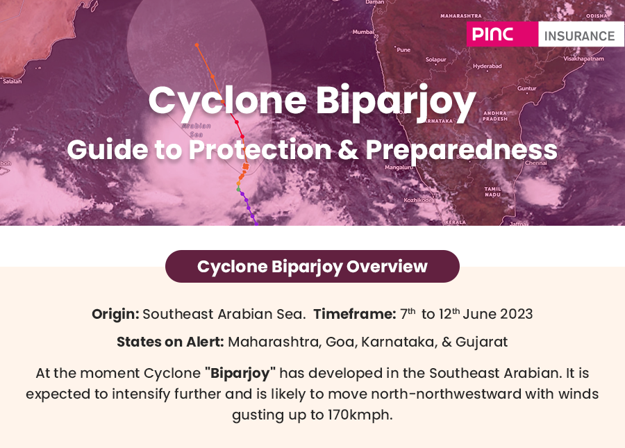PINCInsurance's tweet photo. 🌪️ Cyclonic storm Biparjoy is expected to intensify into a very severe cyclonic storm. Areas of Karnataka, Maharashtra, Goa, and Gujarat will experience high-speed wind and harsh weather.

PINC Insurance presents you a guide for preparedness.
#Cyclone #cycloneBiparjoy #PINC https://t.co/Pgf0viRaNg