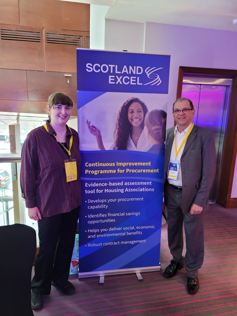 ScotlandExcel's tweet photo. Day 2! Come and speak with Colin and Hannah and find out more about our Continuous Improvement Programme for Procurement (CIPP) that we've designed for HAs to help meet SGs requirements for grant funding. @sfha_hq #sfhaevents
@ScotHousingNews https://t.co/Gn8Zp97GKp