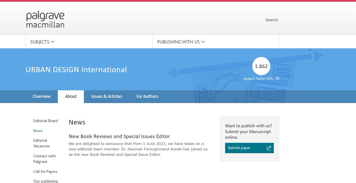 I am thrilled to join the editorial team of URBAN DESIGN International @PalgraveJournal; @PAelbrecht and Mahyar Arefi.
I will be focusing on special issues and book reviews.📕📕🧑🏽‍🎓 
palgrave.com/gp/journal/412…
#UrbanDesign