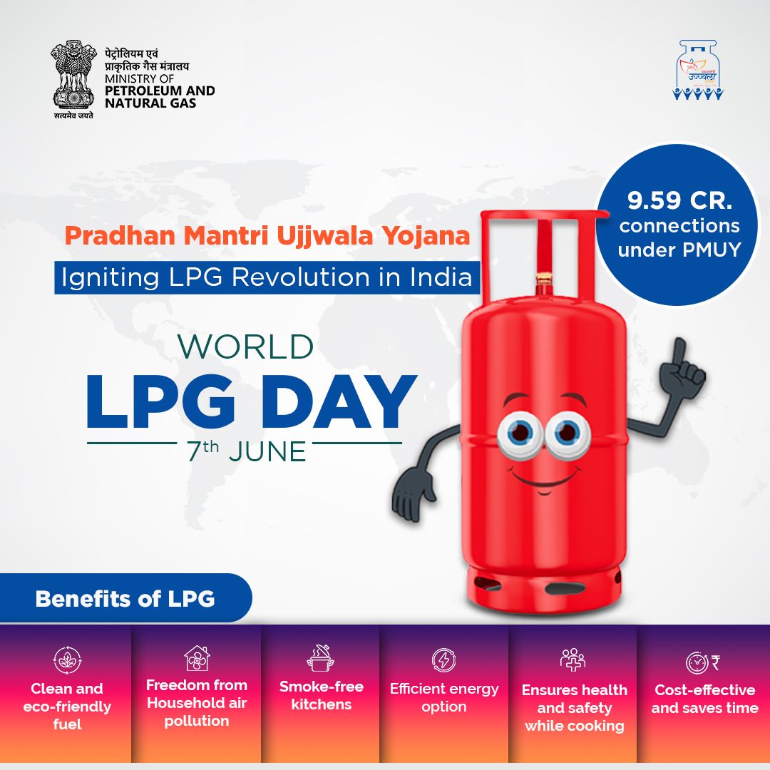 🌍🔥Today on #WorldLPGDay, #MoPNG celebrates the monumental impact of #UjjwalaYojana. With a resounding achievement of 9.59 cr households gaining access to clean cooking fuel #PMUY has sparked the flames of progress, empowered lives & the era of #smokefreecooking nationwide. 💚✨