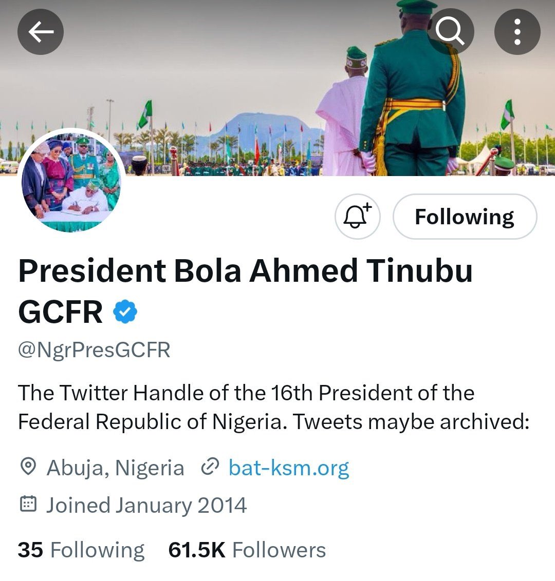 This isn't the Official Handle of the President. Please note that the offical handles of the president and the presidency remain 

Twitter Accounts:
- @NigeriaGov
- @NGRPresident
- @DigiCommsNG

Facebook:
- @TheAsoVilla

Instagram
- @TheAsoVilla