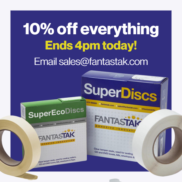 FantastakLtd's tweet image. 10% OFF EVERYTHING ENDS AT 4PM TODAY!

This offer applies to new orders only, orders must be for despatch before 9th June.* Email sales@fantastak.com to enquire.

*T&amp;amp;C’s apply speak to your account manager for more details

#Fantastak #Sale #AdhesiveSolutions #Adhesive #Business