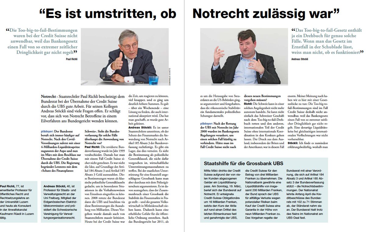 bro_zh's tweet photo. Durfte man Notrecht anwenden, um den Finanzplatz zu schützen? Weshalb blieb das «Too-big-to-fail-Gesetz» in der Schublade? Und verträgt unser Rechtssystem Grossbanken überhaupt noch? Das  Streitgespräch zum Fall #CreditSuisse, passend zur aktuellen #PUK-Debatte. -> plädoyer 3/23 https://t.co/KICfRiZINp