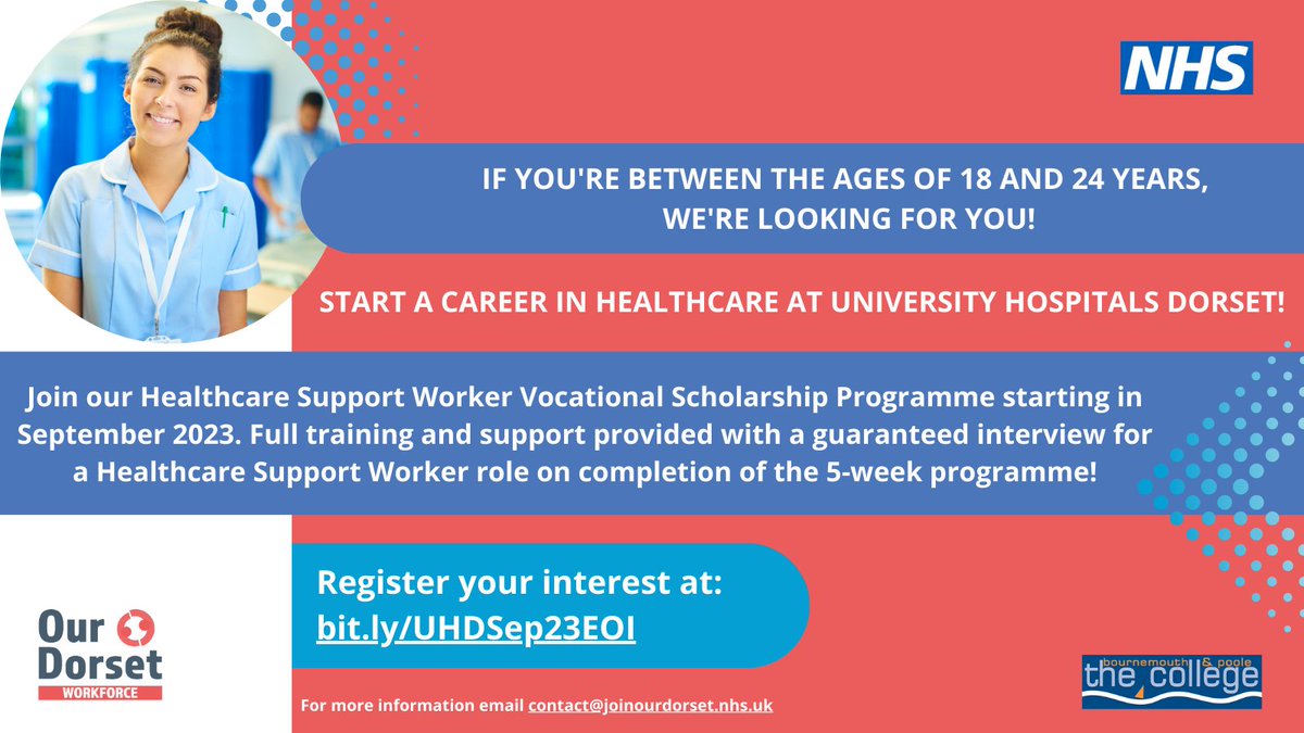 Join Our Dorset (@joinourdorset) on Twitter photo Not sure what to do next? We have a fantastic opportunity on offer 💭
We've partnered with <a href="/UHD_NHS/">University Hospitals Dorset NHS Foundation Trust</a> and <a href="/BPCollege/">Bournemouth & Poole College</a> to provide a healthcare support worker vocational scholarship programme, taking place this September. 🤩
Learn more bit.ly/UHDSep23EOI
#NHSCareers #NHS Not sure what to do next? We have a fantastic opportunity on offer 💭
We've partnered with <a href="/UHD_NHS/">University Hospitals Dorset NHS Foundation Trust</a> and <a href="/BPCollege/">Bournemouth & Poole College</a> to provide a healthcare support worker vocational scholarship programme, taking place this September. 🤩
Learn more bit.ly/UHDSep23EOI
#NHSCareers #NHS