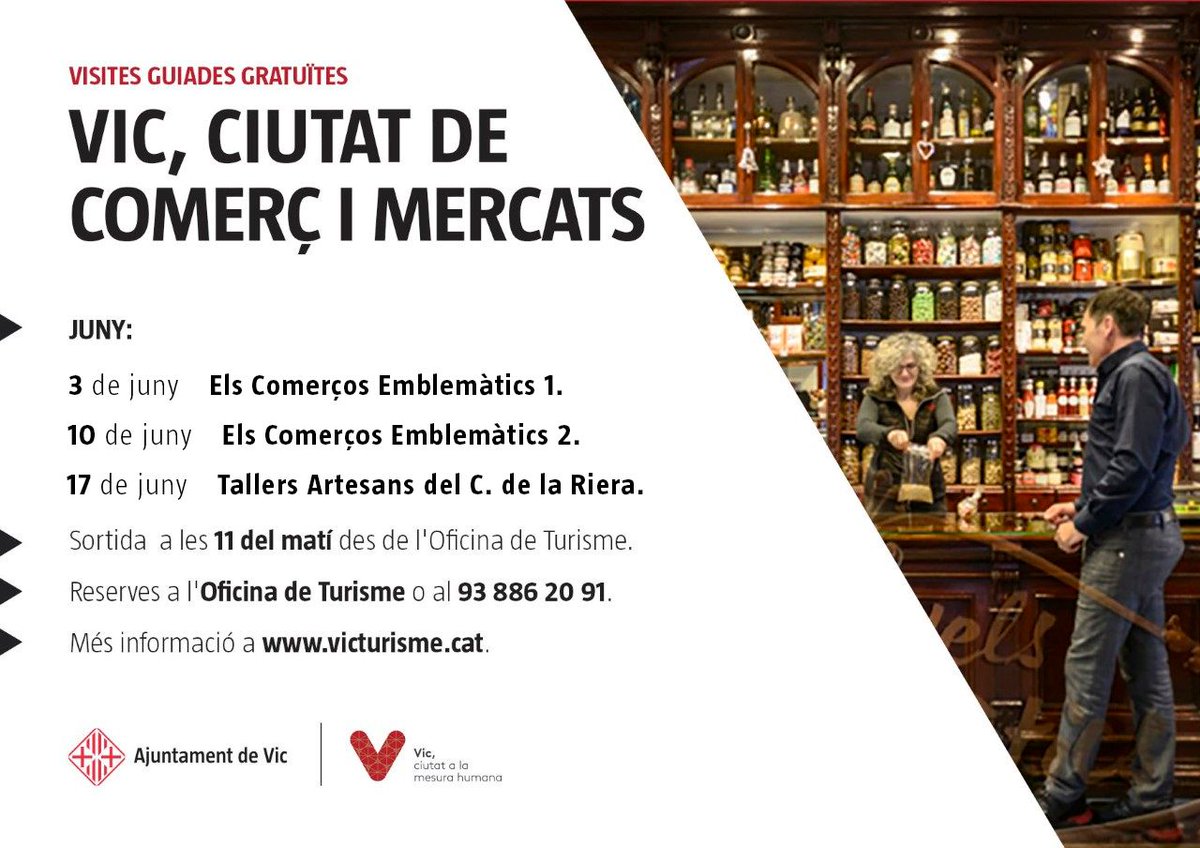 [VIC, CIUTAT DE COMERÇ I MERCATS] Gaudeix de l'encant de la ciutat de #Vic a través de les visites guiades del mes de juny: 👉10/6: els comerços emblemàtics 2 👉17/6: Tallers Artesans del C. de la Riera. + info a victurisme.cat