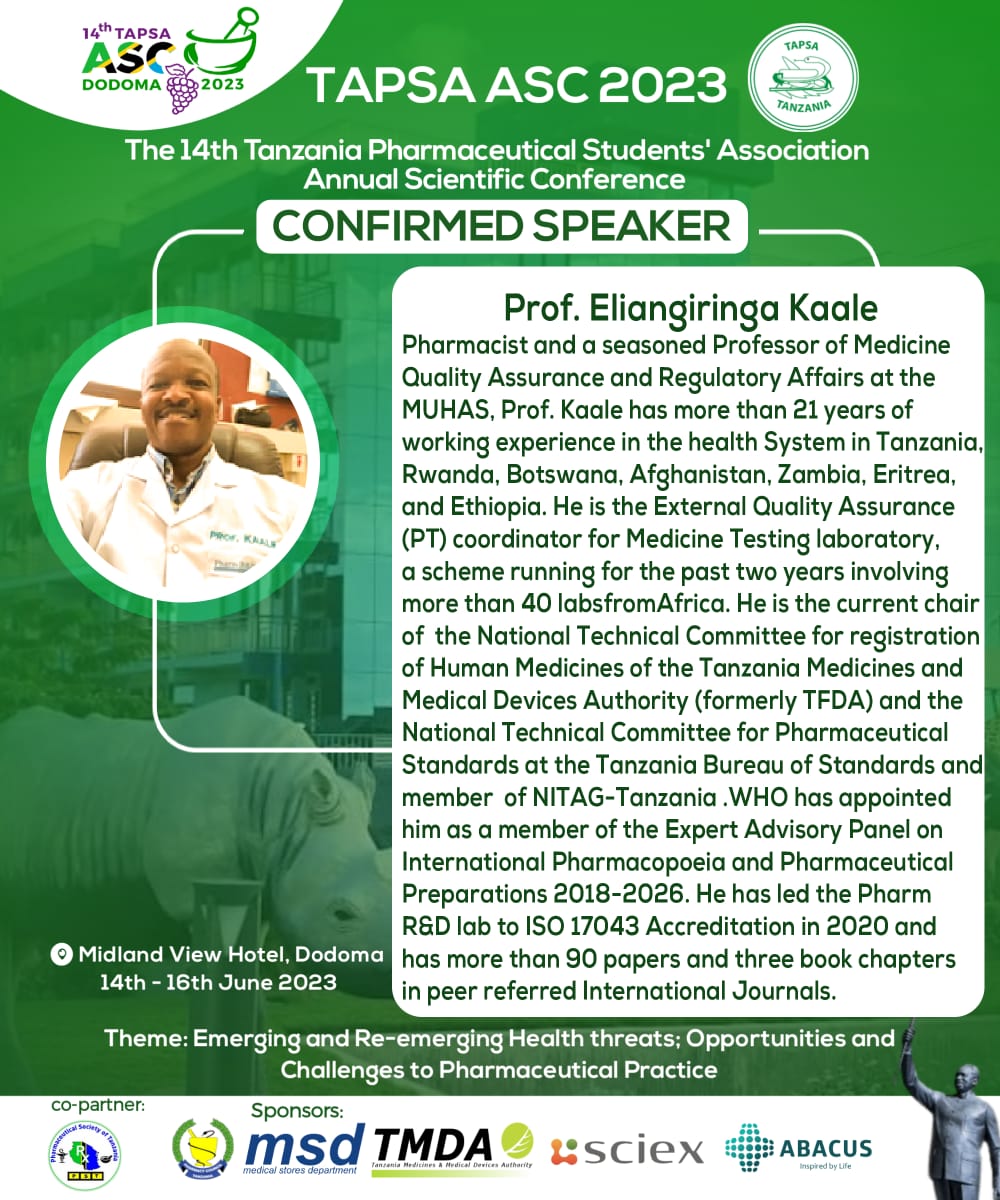 Professionalism to Young pharmacists in pharmacy practices is a pillar for good pharmaceutical care delivery.

We shall hear from these GURUs in pharmacy practices to equip young and upcoming pharmacists to deliver in their FULLEST.

#14thASC
#DODOMA 
<a href="/tapsatanzania/">TAPSA Tanzania</a>