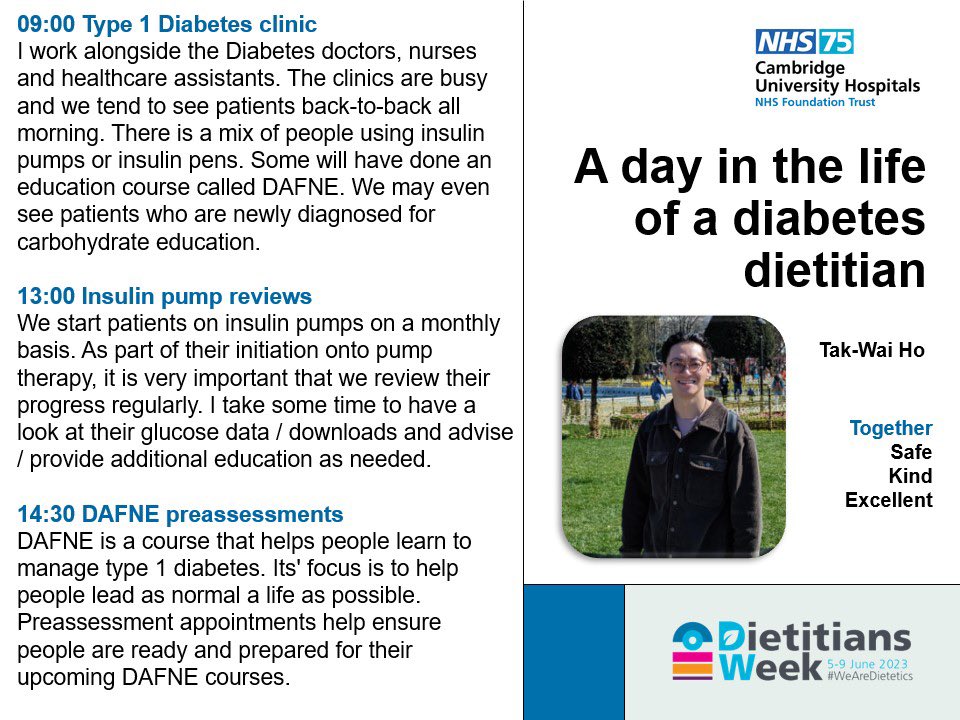 CUH_dietitians's tweet photo. Have you ever wondered what a typical day looks like for a diabetes dietitian? 

Here is a day in the life of our very own @nutritak  😎

#DietitiansWeek2023 #WeAreDietetics https://t.co/uYRp41aSbT