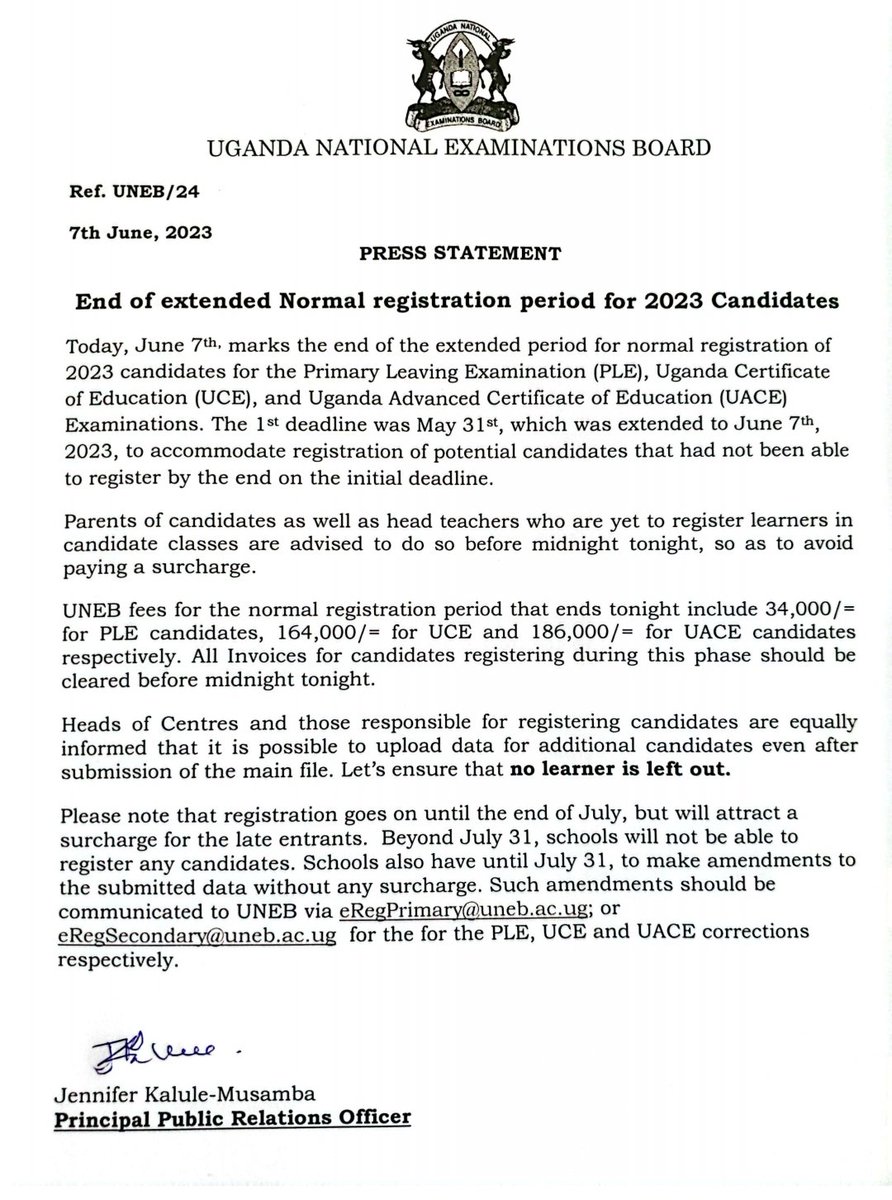 NOTICE 📌 End of extended Normal registration period for 2023 Candidates 🚥🚦 'Parents of candidates as well as head teachers who are yet to register learners in candidate classes are advised to do so before midnight tonight, so as to avoid a paying a surcharge'~ @Blessedjkm1
