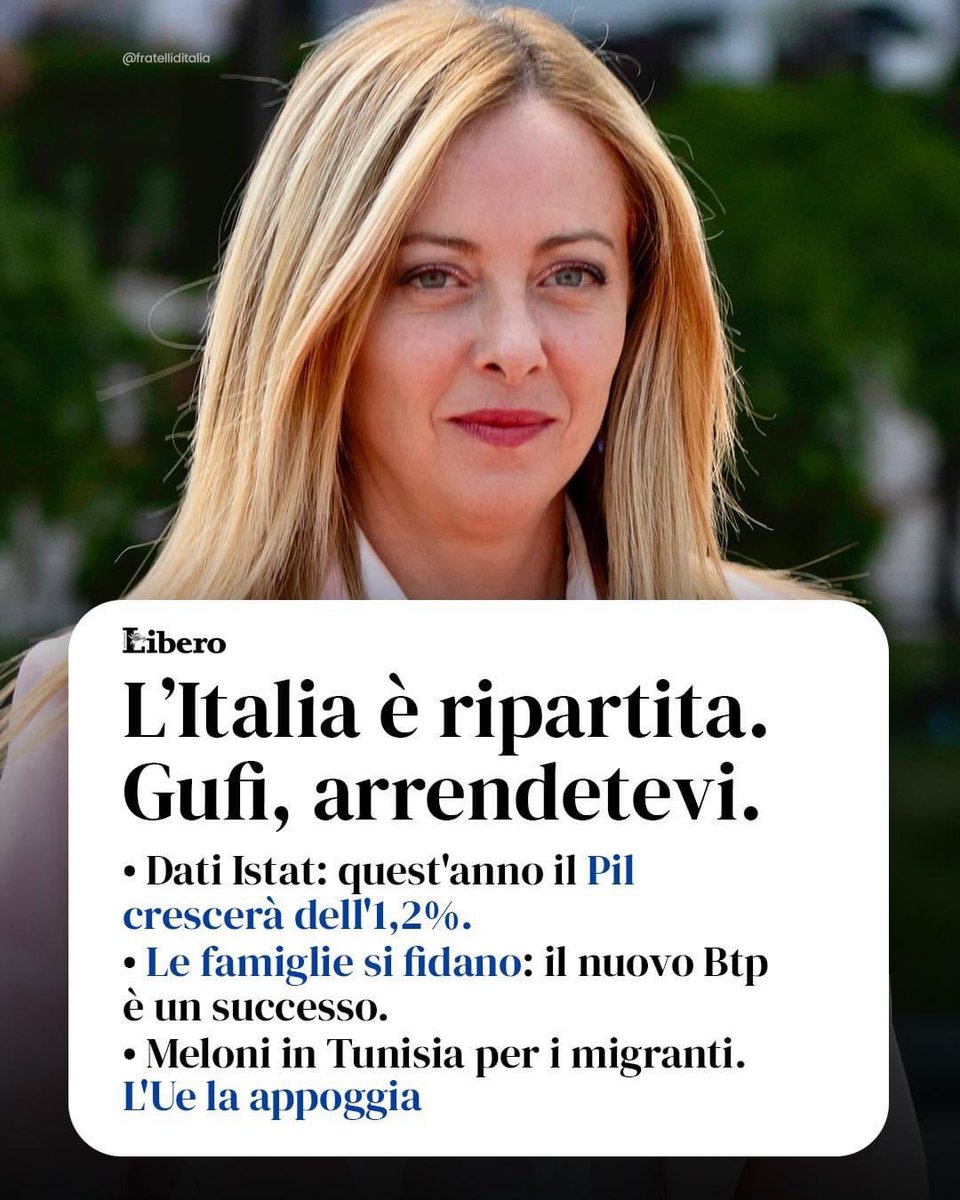 🔵 Smentita ancora una volta la sinistra: in Italia cresce il Pil e la fiducia delle famiglie nelle misure adottate dal Governo. La nostra Nazione torna protagonista nello scenario internazionale.