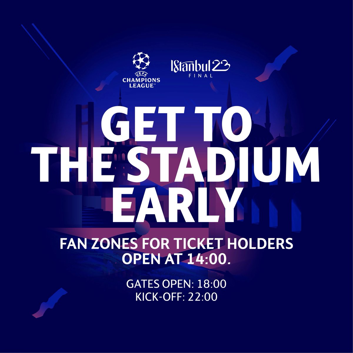 ManCityHelp's tweet photo. UEFA CHAMPIONS LEAGUE FINAL: 

Stadium turnstiles open at 6pm (local time). We advise all fans to get to the stadium early to soak up the atmosphere and ensure they are in their seat well before kick-off. https://t.co/KogUXfxLvr