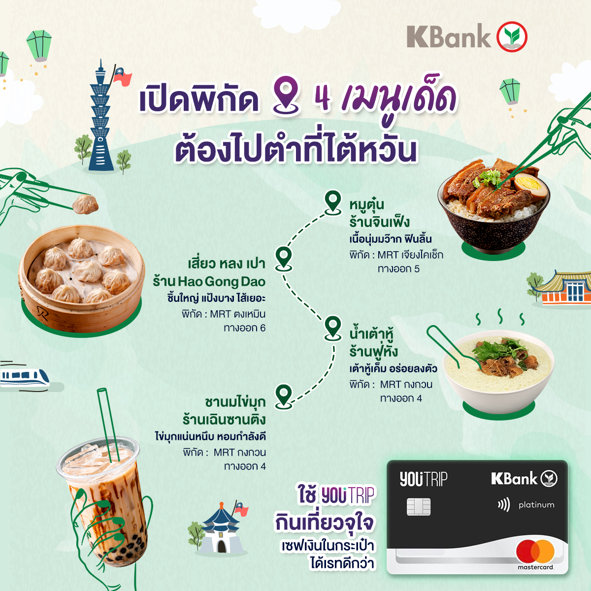 KBank_Live's tweet photo. ได้เวลาฟ้าจะบินแล้วค่าาา ✈ ช่วงนี้ชาว #KBankLive คนไหนมีแพลนเที่ยวไต้หวันบ้าง 😌

แอดขอแนะนำ 4 เมนูเด็ด ที่ต้องไปตำเมื่อมาถึงไต้หวัน ใครเคยไปร้านไหนมาแล้วบ้าง ลองเมนต์มาบอกหน่อยน้าาา https://t.co/54HSnaSE6o