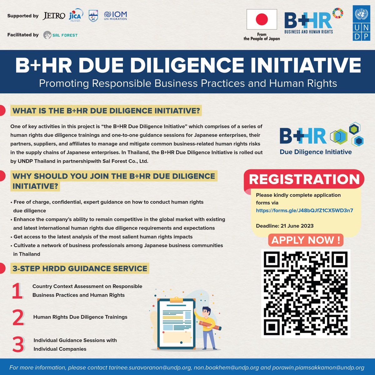 UNDPThailand's tweet photo. @BizHRAsia_UNDP @jica_direct 🔺 @UNDPThailand🇺🇳 &amp; 🇯🇵 gov invite you to join the 3rd batch of human rights due diligence (HRDD) training💡 this 28 – 29 June 2023, at Novotel Bangkok Sukhumvit 20 and via online platform. 📆 Deadline: 21 June 2023!
👉 Registration: https://t.co/5cwVzH1cj0 https://t.co/LNr6PXkdlj