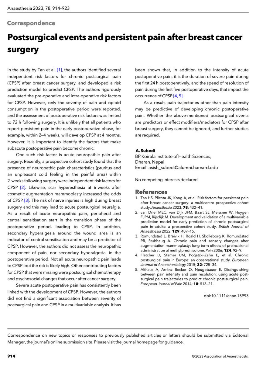 🔓Postsurgical events and persistent pain after breast cancer surgery.

"...pain trajectories other than pain intensity may be predictive of developing chronic postoperative pain."

🔗…-publications.onlinelibrary.wiley.com/doi/10.1111/an…