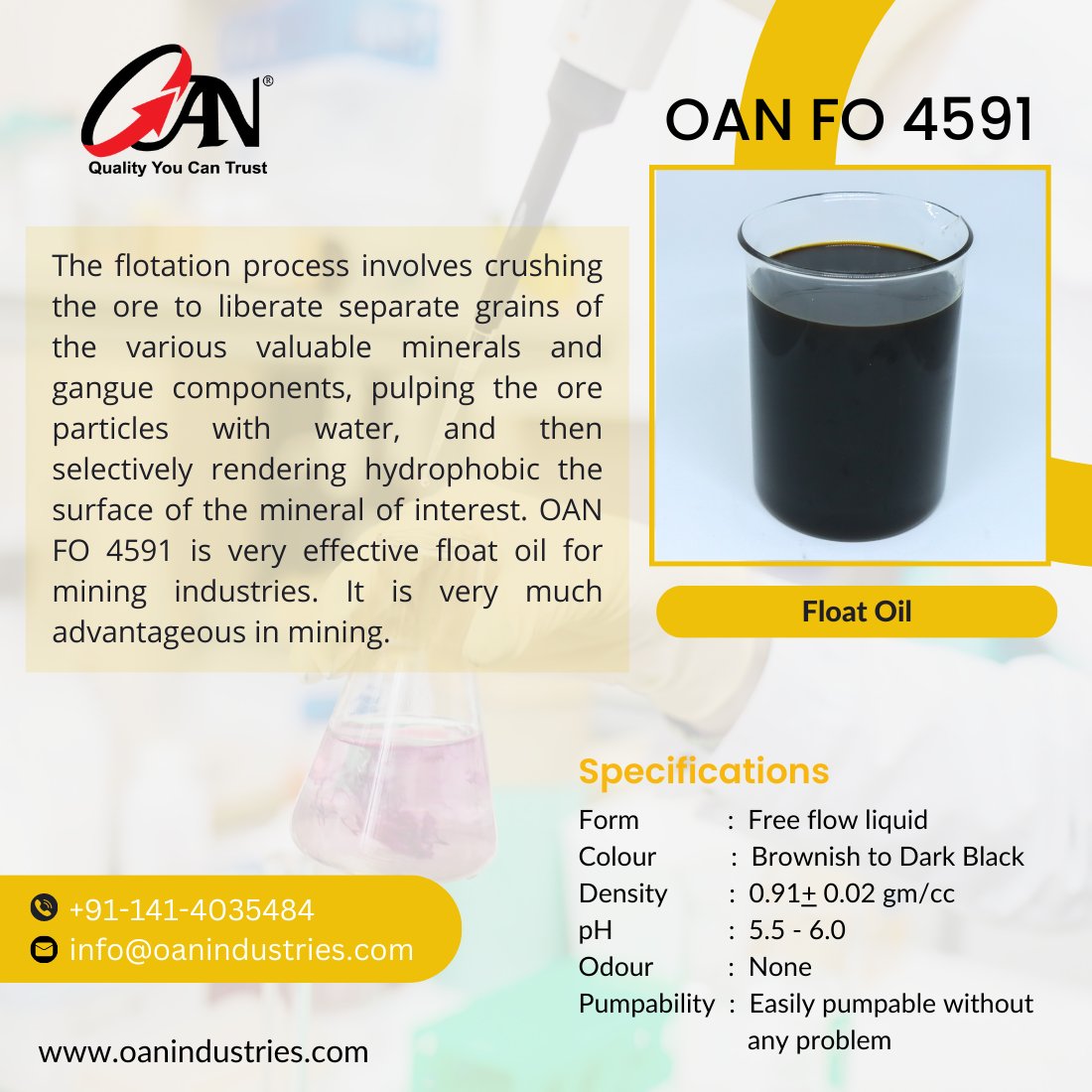 oanindustries's tweet photo. OAN FO 4591 - Float Oil
#floatoil #mining #flotation #flotationprocess #hydrophobic #miningadditives #mineralseparation #mineralbeneficiation #frothflotation #phosphate #collectors #oanindustries https://t.co/3j9wKE65AZ