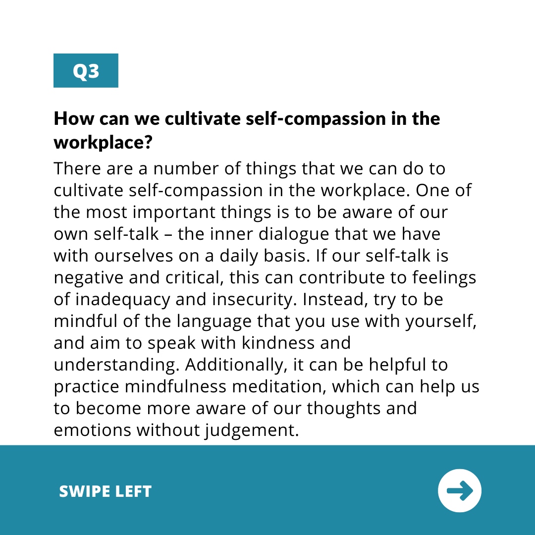 Read the slides and find out:
👉️What is self-compassion?
👉️Why is self-compassion important in the workplace?
👉️How can we cultivate self-compassion in the workplace?

#selfcompassion #workplacehealth #workplacewellbeing #companyculture #workculture #employeeengagement