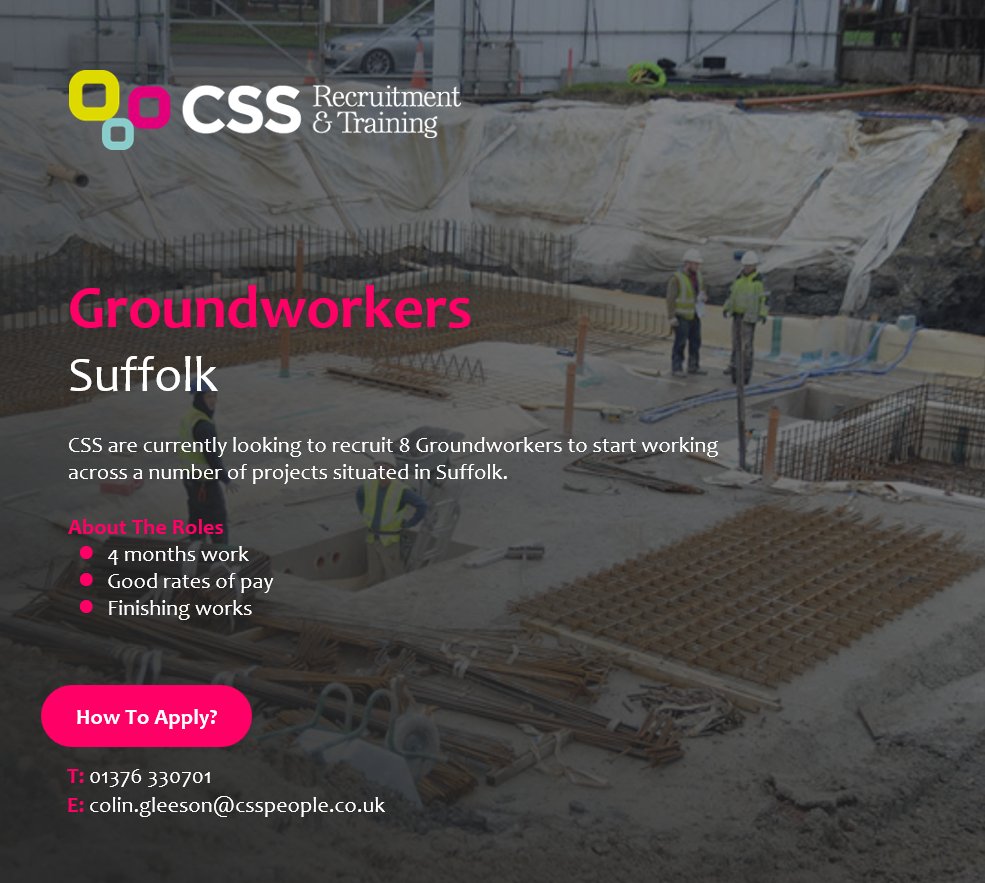 On the hunt for your next role 👷‍♂️

👉 Groundworkers
💷 Good rates of pay
📍 Working on projects located in Suffolk

☎️ To apply, please call our team on 01376 330701!

#Jobs #JobSearch #Groundworkers #GroundworkerJobs #CSCSJobs #ConstructionJobs #SuffolkJobs