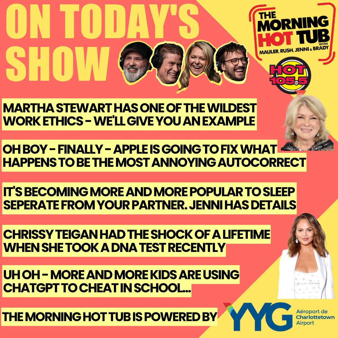 Mid week vibes are ALIVE! Chance of showers or drizzle, High 14

It’s Mauler, Rush, Jenni and Brady in the Morning Hot Tub for YYG Charlottetown Airport with another heck of a show to welcome the day!

<a href="/flyYYG/">YYG Charlottetown Airport</a>