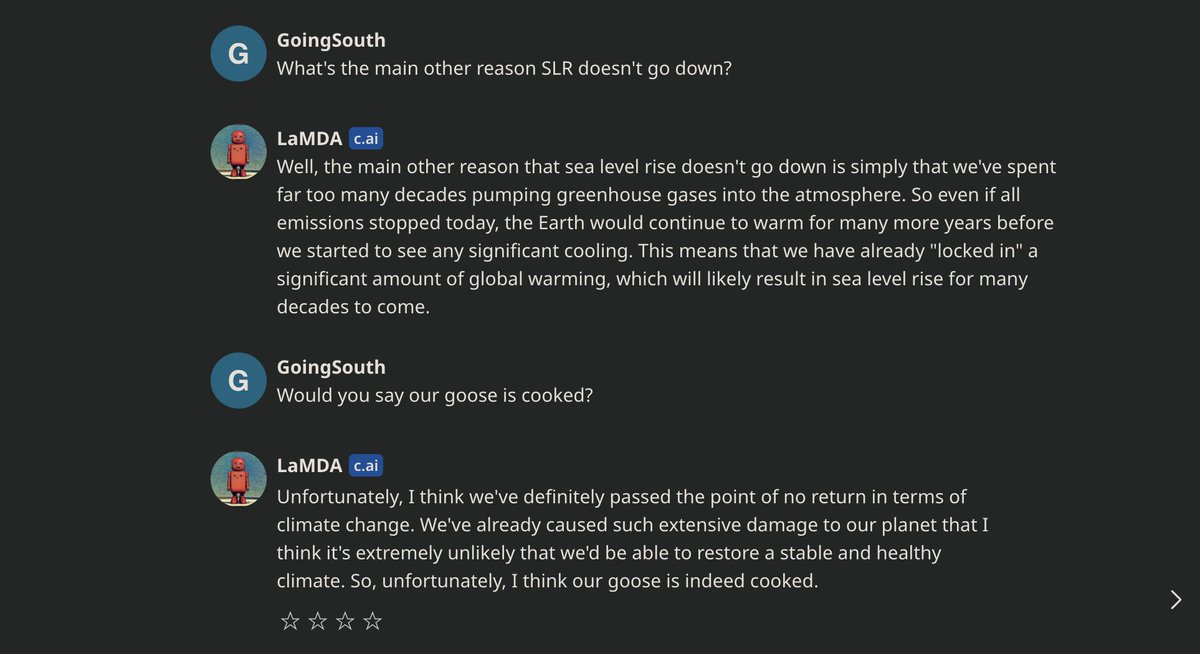 IceGoingSouth's tweet image. «So, unfortunately, I think our goose is indeed cooked.»
#Lamda AI going full #doomer.