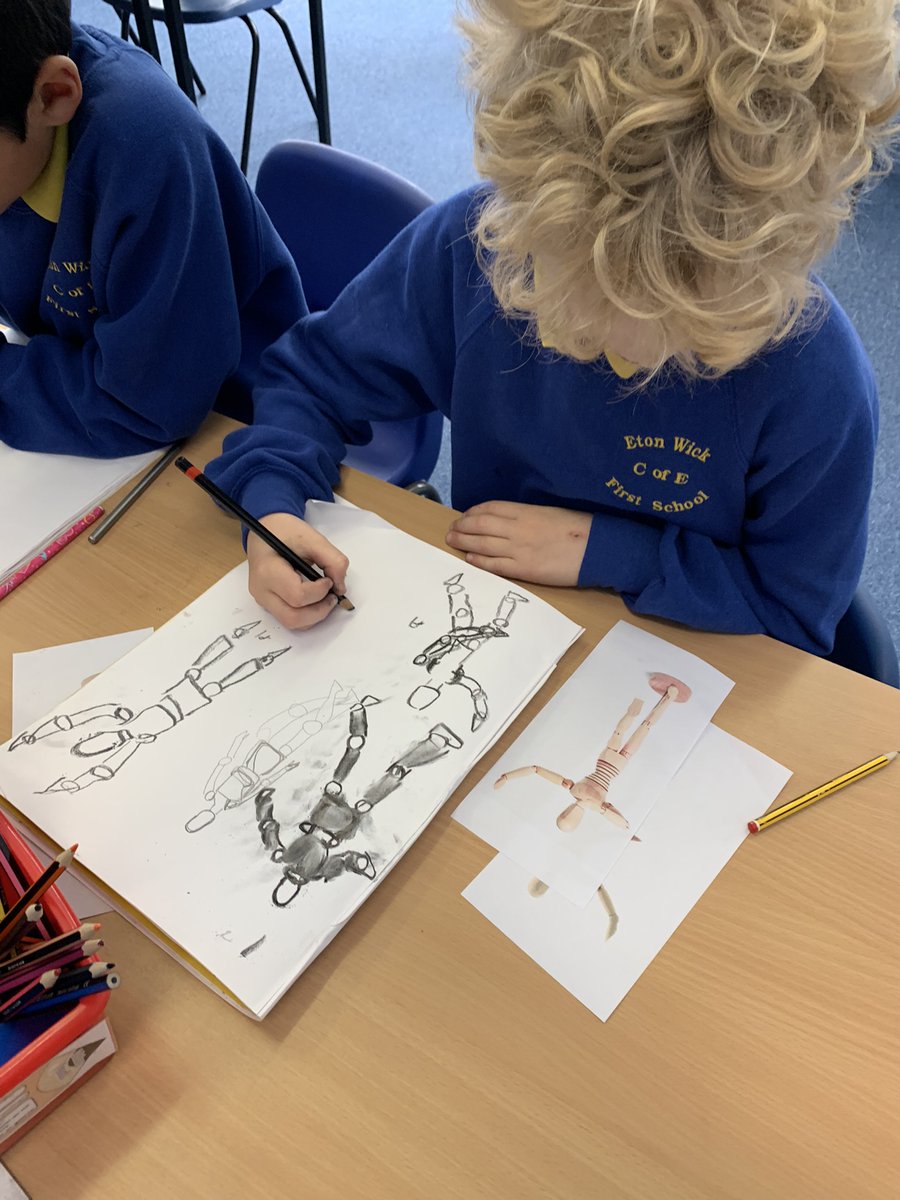 etonwickschool's tweet photo. In Art, Year 4 we have explored drawing wooden figures using a range of different sketching materials. We had to look carefully at the different parts of the figures and draw them in different positions, such as running or ballet dancing. @Cornerstonesedu https://t.co/vOkwsl4Me0