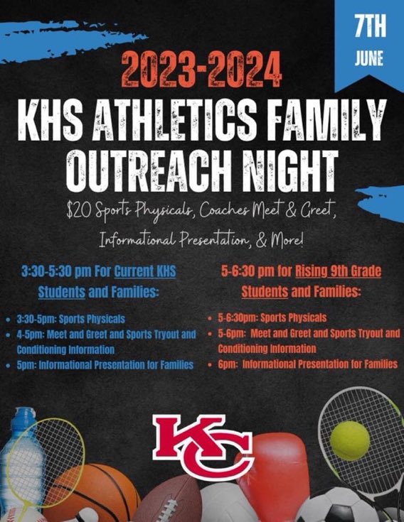 Today’s the day! Wed June 7 at KHS - Physicals for 2023-2024 School Year - $20 Cash Current & Future KHS Athletes must have a Physical on file in order to participate in Summer Workouts. Returning Athletes 3:30-5:00pm Rising 9th Graders 5:00-6:30pm