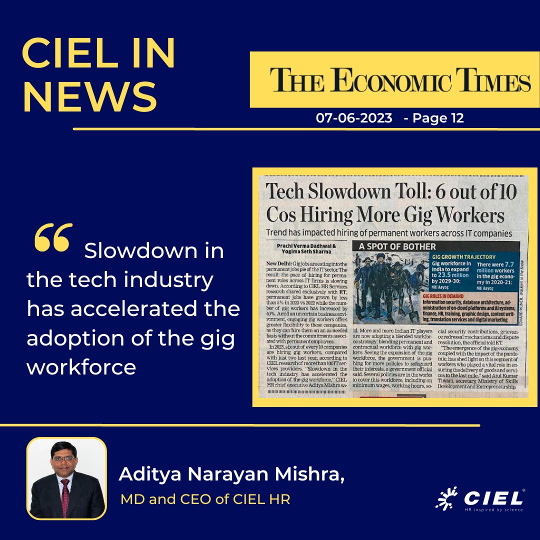 Read what @a_mafoi, MD and CEO of CIEL HR, said to @EconomicTimes @prachivermaET about the impact gig jobs have on IT sector's permanent jobs.

Read more here - ow.ly/qFW850OHEzP

#GigWorkers #Hiring #InformationTechnology