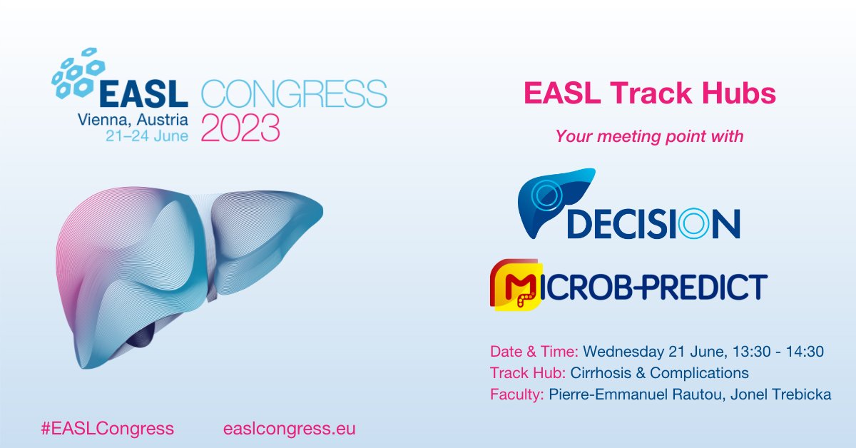 Our partners @Decision4Liver & @MicrobPredict are hosting a networking session at #EASLCongress!

🗣 Faculty @RautouE and @JonelTrebicka are looking forward to meet and discuss with you their work in these 2 exciting projects. Join us!

📅 Wednesday 21 June, 13:30 - 14:30
📌
