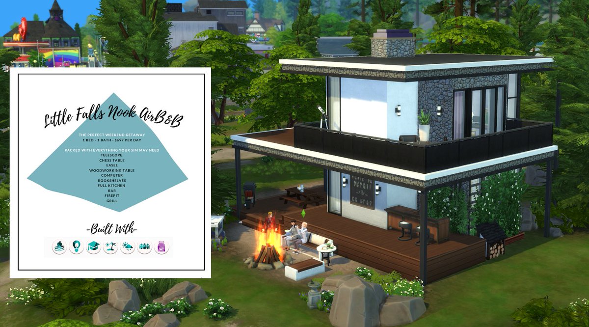ally_franko's tweet photo. I have recently uploaded this cute and cosy getaway destination if you want to give your sims some peace and quiet. Built on the 20x20 lot 'Little Falls Nook' in Copperdale. Check out on my gallery page - ID allfranko ☺️🌲🎣👩‍🎨

#ShowUsYourBuilds #TS4 #TheSims4 https://t.co/l4O2mWhrvH