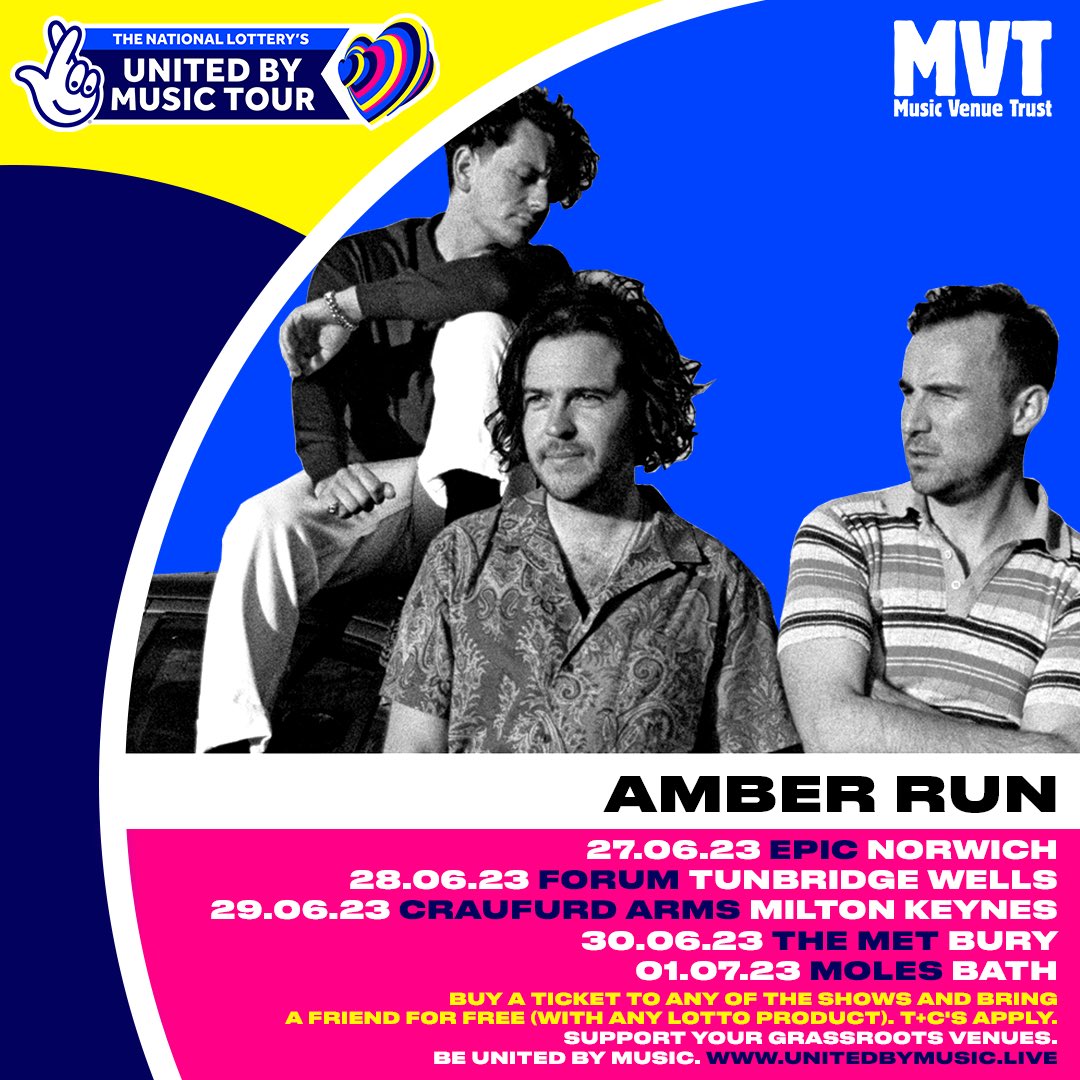 Just announced - the incredible <a href="/AmberRun/">Amber Run</a> join us for @tnluk #unitedbymusic summer tour, kicking off this month! Tickets go on sale Fri 9th at 10am here bit.ly/MVTUBM 

Buy a ticket to any of the shows and bring a friend for FREE (with any Lotto product). T+C’s apply.