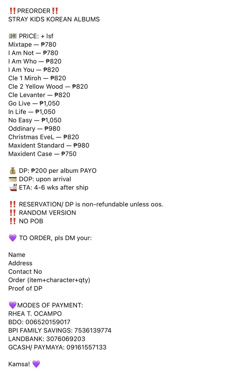 #SDPH_PREORDER

wts lfb help rt skz ph         
stray kids korean albums

✧     sealed (no pob random ver)

₱200 DP per album
Bal once in ph
NETA

mixtape i am not i am who i am you cle 1 miroh cle 2 yellow wood cle levanter go live in life no easy christmas evel oddinary