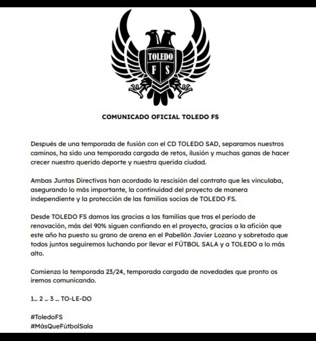 📃COMUNICADO OFICIAL📃
 
#ToledoFS
#MásQueFútbolSala