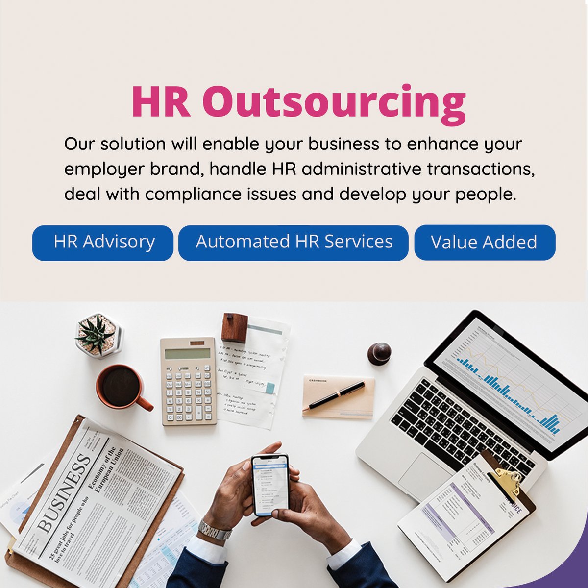 Introducing Our Complete HR Solution! 
🌟 Boost your Employer Brand 
📊 Streamline HR Administrative Transactions 
📝 Ensure Compliance with Ease 
🌱 Develop and Empower Your People

Let us take care of your HR worries, 🌱💪
#SMEHRSupport #BusinessGrowth #HRoutsourcing