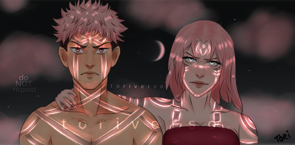 sukuna nos trends vou aproveitar pra repostar um desenho antigo da sakura com o sukuna e do itadori com o byakugou