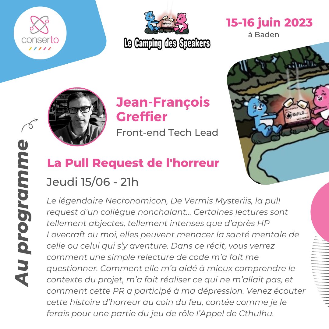 _Conserto's tweet photo. Feu de camp, histoires d'horreur & chamallows 🏕😱
Dans cette atmosphère @jfgreffier, Front-end Tech Lead de @_Conserto, contera la terrible histoire d'une Pull Request digne des meilleurs scénarios d'épouvante. Rdv le 15.06 à 21h au Camping des Speakers à Baden !
#ExplosConserto https://t.co/1OBrR7Uoj0