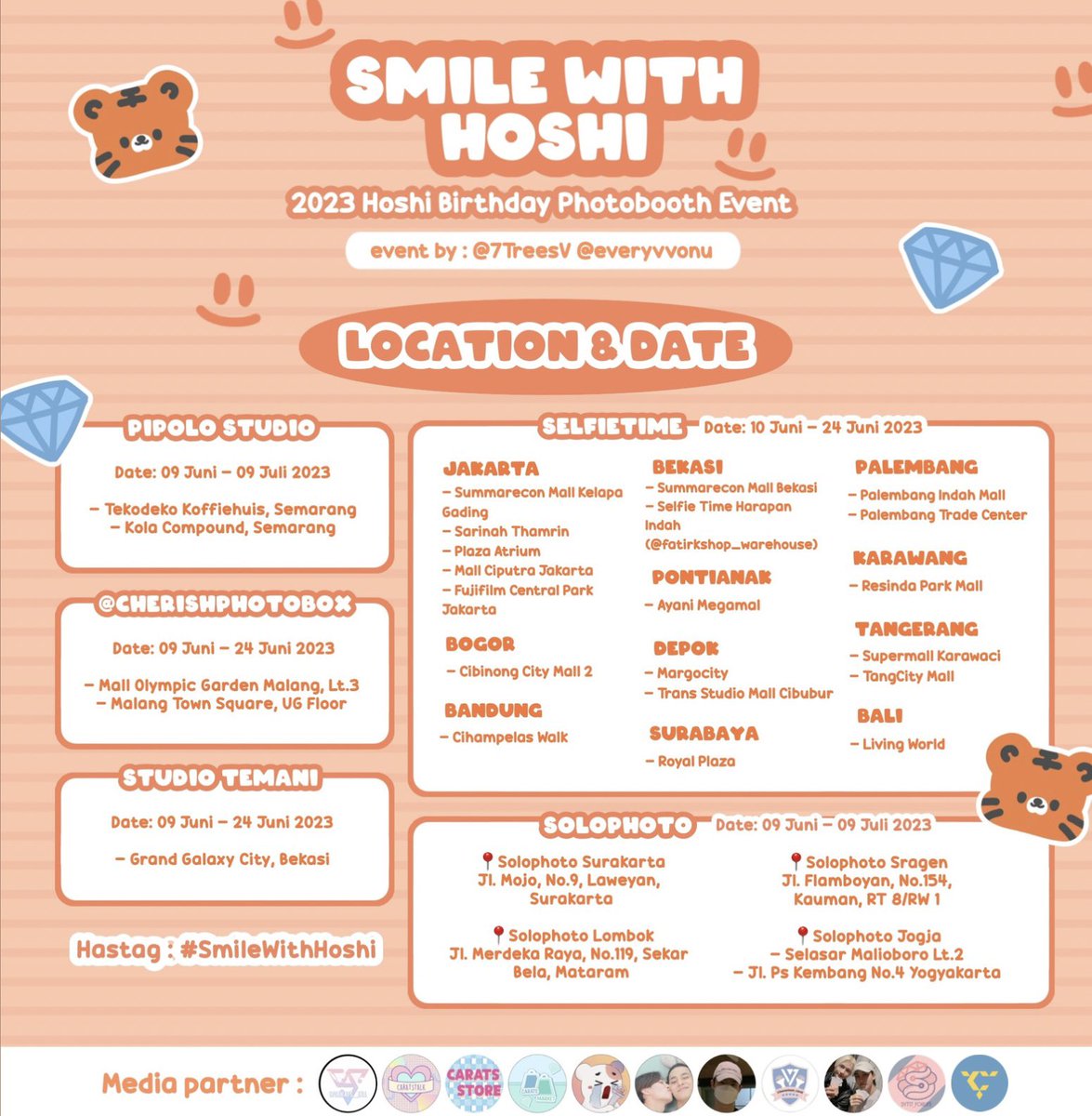 caratstalk's tweet photo. π―πππππ ππππ ππππππ―
2023 Hoshi Birthday Photobooth Event
Event by: @7TreesV & @everyvvonu
ποΈπdetails on poster
tiap lokasi tanggalnya berbeda ya jadi cek lagi diposternyaπ€
share your moment and tag us β‘
#SmileWithHoshi https://t.co/h9EjtA0yOJ